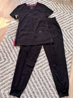 Koi Lite Black Scrub Set with Pink Trim, Jogger Pants